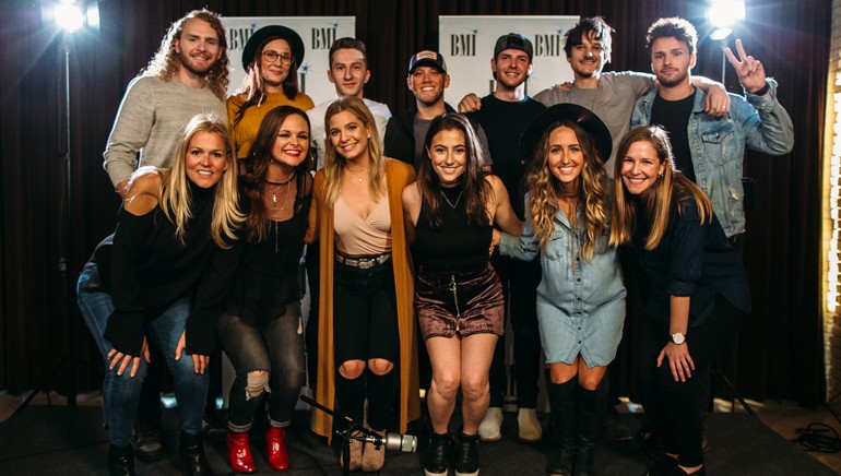 Pictured (L-R Top Row) are: Nick Wayne, Danielle Blakey, Cameron Montgomery, Jordan Minton, Johnny Dibb, Mikey Reaves and Joel Crouse. (Bottom Row): BMI’s Leslie Roberts, Caroline Watkins, Emily Landis, Tia Scola, Parker Welling and YouTube’s Lindsay Rothschild.