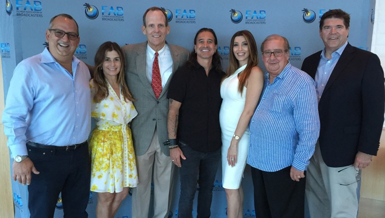 Pictured (L-R) before the award ceremony are: Univision Communications Senior VP and FAB Board Chair Luis Fernandez-Rocha, Lisette Fernandez-Rocha, BMI’s Dan Spears, Scott Stapp, Jaclyn Stapp, FAB President and CEO Pat Roberts and Commonwealth Broadcasting President and BMI Board Member Steve Newberry.