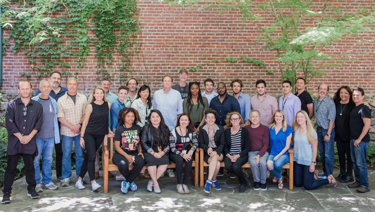 Pictured (L-R) (Back): Jarom Rowland, sound designers Dennis Leonard, David Accord and Bob Edwards, director Elizabeth Chomko, Skywalker Sound Head of Production Jon Null, sound designers Bonnie Wild and Kent Sparling, director Christina Choe, sound designer Malcolm Fife, composer Craig Richey, directors Nia DeCosta and Bart Layton, composers Jongnic Bontemps and Jackson Greenberg, director Rocco Barriuso, composers Bijan Olia and Sergei Stern, recording engineer Dann Thompson, BMI's Doreen Ringer-Ross and composer Arturo Rodriguez. (Front row): Director Nilja Mumin, composers Jessi Nelson, Cindy O'Connor and Camilla Uboldi, Sundance Institute staff Michelle Satter, Peter Golub and Jenny Stamenson and Skywalker producer Carrie Perry.