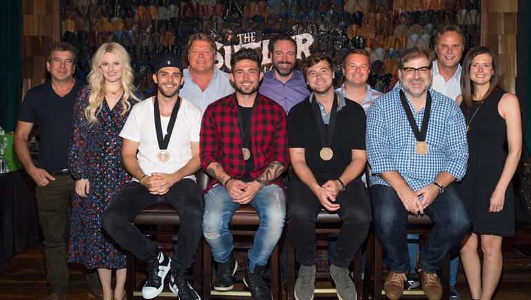 Pictured: (L-R): Back row: Creative Pulse Music’s Scott Cutler, ASCAP’s Beth Brinker, BMI’s David Preston, Sony ATV’s Josh Van Valkenburg, Round Hill’s Josh Saxe, producer Scott Hendricks. Front row: BMI songwriter Thomas Rhett, BMI artist Michael Ray, ASCAP writer Jimmy Robbins, BMI writer Barry Dean and Creative Nation’s Beth Laird. (not pictured: ASCAP writer Jon Nite.)