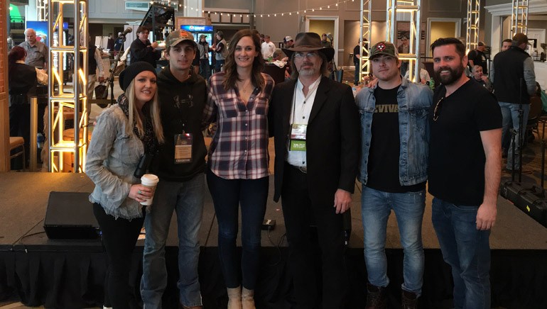 Pictured: (L-R): BMI songwriters Hailey Steele and Trea Landon, BMI's MaryAnn Keen, NWTF's Trent Harrelson and BMI songwriters Ross Lipsy and Jared Mullins.