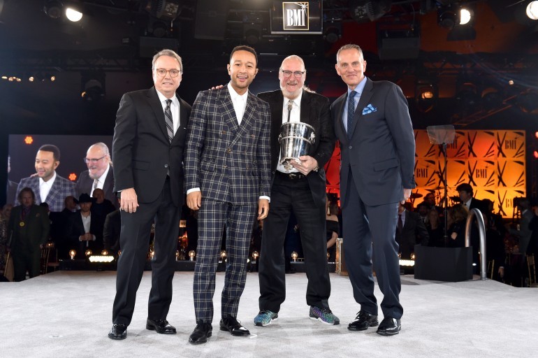 BMI Vice President Creative Jody Williams, John Legend, Steve Cropper and BMI President & CEO Mike O'Neill onstage at the BMI Country Awards 2018 on November 13, 2018 in Nashville.