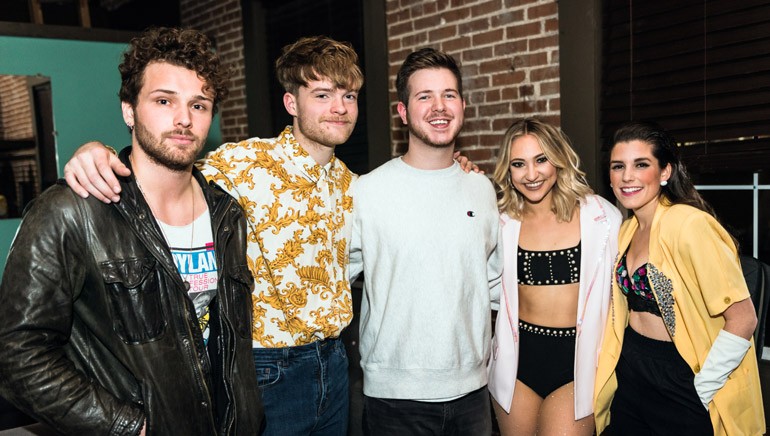 C R O U S E, Jake Wesley Rogers, BMI’s Josh Tomlinson, Meaux and Britty pose backstage at BMI’s 8 Off 8th showcase.