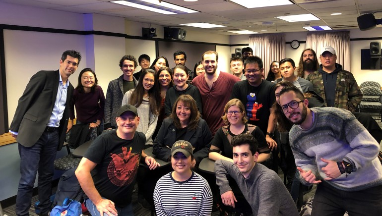 BMI’s Doreen Ringer-Ross and BMI composer Trevor Morris gather for a photo with Berklee College of Music film scoring students.