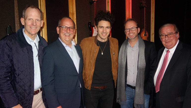 Pictured (L-R) before Scibilia’s performance are: BMI’s Dan Spears,  FAB Board Chair and Univision Station Group Senior VP Luis Fernandez-Rocha, BMI singer-songwriter Marc Scibilia, Cox Media Group VP Keith Lawless and FAB President and CEO Pat Roberts.