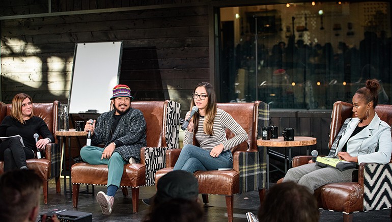 L to R- BMI’s Tracie Verlinde, Mndsgn, Hollis Wong-Wear of The Flavr Blue and ParisAlexa speak at the “Mastering The Hustle” panel on November 17th at Seattle’s KEXP.