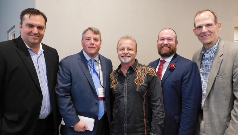 Pictured (L-R) before Myers’ performance at the OH&LA awards luncheon in Cleveland are: Aloft Cleveland Downtown GM Bill Reed, OH&LA Executive Director Joe Savarise, BMI songwriter Frank Myers, Kimpton Schofield Assistant GM Tristan Haas and BMI’s Dan Spears.