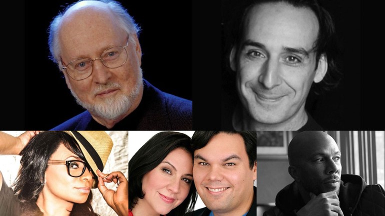 Pictured clockwise from top left are John Williams, Alexandre Desplat, Common, Kristen Anderson-Lopez and Robert Lopez and Taura Stinson.