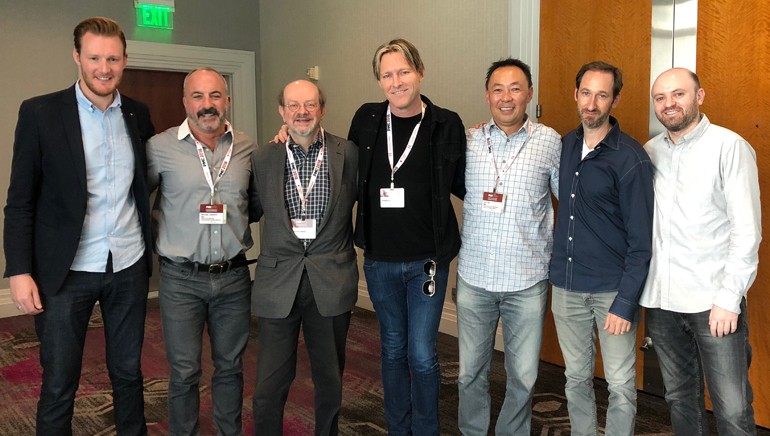 Pictured (L to R) at the PMC conference are BMI’s Chris Dampier and Michael Crepezzi, Jon Burlingame, BMI composer Tyler Bates, BMI’s Ray Yee, Andrew Gross and BMI’s Phil Shrut.