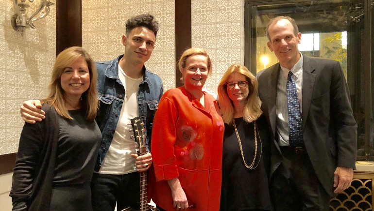 Pictured (L-R) before Marc Scibilia hit the stage at the 2018 RAB Fall Board Meeting in Philadelphia are: Entercom Regional President and incoming RAB Board Chair Susan Larkin; BMI songwriter Marc Scibilia, Hubbard Radio CEO, outgoing RAB Board Chair and BMI Board Member Ginny Morris; RAB President Erica Farber; and BMI’s Dan Spears.