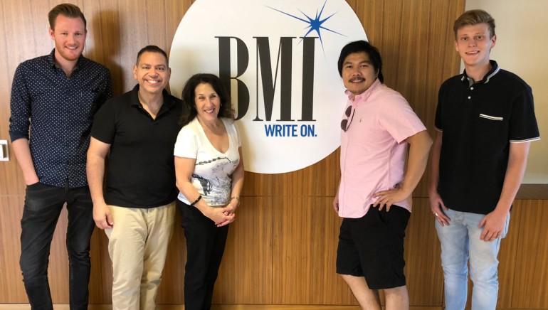 Pictured (L to R) are BMI’s Chris Dampier, Raymond Rodriguez and Barbie Quinn, BMI composer Roc Chen, and Alex Deblanc.