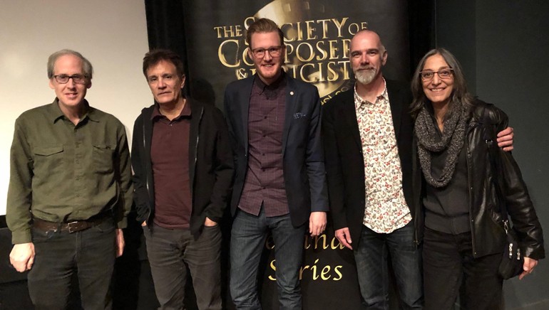 Pictured are: BMI composers Jeff Beal and Gary Lionelli, BMI's Chris Dampier and BMI composers Fletcher Beasley and Miriam Cutler