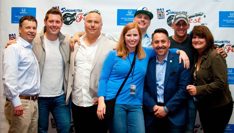 Pictured before the performance are: 94.1 The Wolf’s Vice President and Market Manager Dan Barron, 94.1 The Wolf’s Music Director/Assistant Program Director and morning show host Marty Brooks, BMI songwriter Marshall Altman, 94.1 The Wolf’s Director of Sales Amy Hughes, BMI songwriter Matt Warren, BMI’s Jeff Syracuse, BMI songwriter Trent Tomlinson, and 94.1 The Wolf’s midday personality Cindy DeBardelaben.