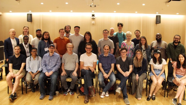 Pictured (L-R top row) are members with faculty and guest speakers of the workshop including: Israel (Izzy) Glicksberg, Martin Crane, Marissa Hickman, Richard Rusincovitch, Fadi Khoury, Colton Dodd, Nitzan Sagie, Peter Corrigan, BMI’s Doreen Ringer-Ross, Keegan Riley, Josh Graham, Curtis Green, Janice Grace, Alex Utay, Maria Linares, Johnny Mercier and Mark Benis. (bottom row): Richard Tamplenizza, Carmen Thompson, Matthew Akers, BMI composers Mark Suozzo and Chad Fischer, NYU faculty and workshop coordinator Sergi Casanelles, Darian Harmon, Lauren Lucente, Yunfei Li and Ching-Shan Chang.