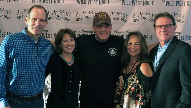 Pictured (L-R) before Rodney Atkin’s performance at The Meggan Morency Wild West Night in Weston, Florida are: BMI’s Dan Spears, The Mesnik Group president Denyse Mesnik, BMI songwriter Rodney Atkins, Vicki Morency and Beasley Media market manager for Boca Raton, Bob Morency.