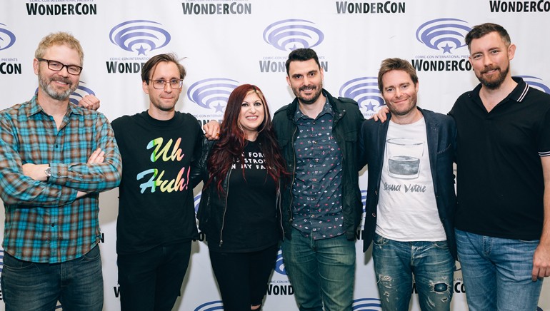 (L to R): Composers Mark Rivers, Tim Kiefer, BMI’s Senior Director Film, TV & Visual Media Relations Anne Cecere, Composers Ryan Elder, Tom Howe and President of White Bear PR Chandler Poling at “Music in Animation” panel at WonderCon on Sunday, March 25th in Anaheim, CA.