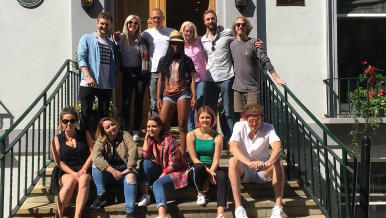 Gathered for a photo (L-R top) are: producer Jake Alder, artist Micky Blue, BMI’s Jon Miller, artist Roro, BMI’s Barbara Cane and Kevin Benz and Abbey Road’s Christian Wright. (Bottom): songwriters Hannah Wilson and Grace Tither, artists Raphaella and Emily Burns and songwriter Blakey.