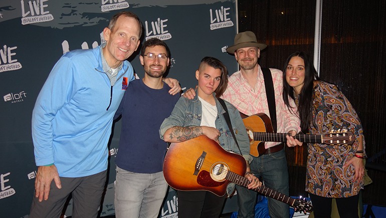 Pictured (L-4) before the Aloft Cleveland Downtown BMI songwriters showcase are: BMI’s Dan Spears, BMI songwriters Rob Kovacs, Madeline Finn and Jason White, and Aloft Cleveland Downtown Food & Beverage supervisor Jessie Kelkenberg.