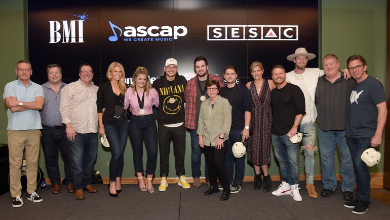 (L-R): Sony Music Nashville’s Randy Goodman, BMI’s Bradley Collins, Universal Music Publishing’s Kent Earls, Martha Earls, Lauren Alaina, Kane Brown, Matt McGinn, SMACK’s Robin Palmer, Jordan Schmidt, SESAC’s Shannan Hatch, SMACK’s Shane McAnally, Tree Vibez Music’s Brian Kelley, ASCAP’s Mike Sistad and Dann Huff.