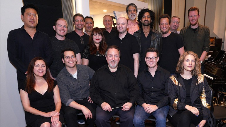 Pictured (L-R) at the BMI conducting workshop are (front row): BMI composer Cindy O’Connor, BMI composer Ben Bromfield, BMI composer and conductor Lucas Richman, BMI composer Andy Forsberg and BMI composer Genevieve Vincent. Back row (L-R): BMI composer Timo Chen, BMI composer Alex Bornstein, BMI composer Peter Karr, BMI’s Ray Yee and Evelyn Rascon, musician contractor David Low, BMI’s Philip Shrut, Music Editor Chris Ledesma, BMI composer Oumi Kapila, BMI composer/ Bandrika studio owner Nate Barr, concertmaster Mark Robertson and BMI’s Chris Dampier.