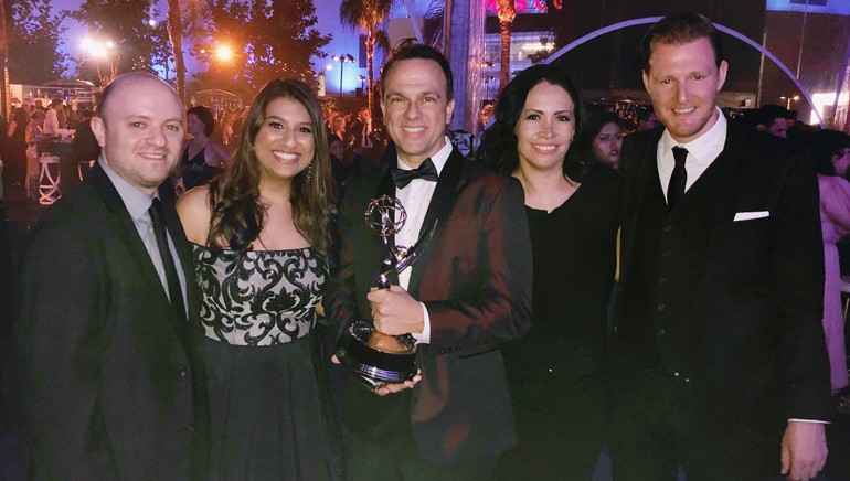 BMI’s Phil Shrut, Reema Iqbal, Emmy winner and BMI composer Carlos Rafael Rivera and BMI’s Alex Flores and Chris Dampier gather for a photo at the Emmys ceremony.