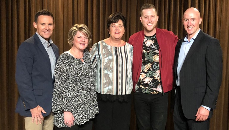 Taken (L-R) after Keelan Donovan’s performance: are: BMI’s Brian Mullaney, Greystar Director Compliance Services Becky Gibson, Greystar Executive Director Real Estate Strategic Services Jackie Rhone, BMI singer-songwriter Keelan Donovan and BMI’s Jack Flynn.