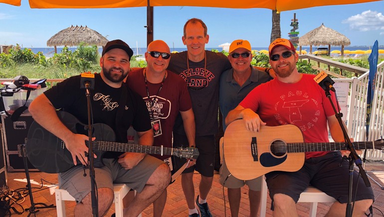 Pictured (L-R) before the show at the Pink Shell Resort in Fort Myers Beach are: BMI songwriter Johnny Bulford, Cat Country 107.1 Program Director Mike Tyler, BMI’s Dan Spears, Pierside Grill and Mantanzas Inn owner Doug Speirn-Smith and BMI songwriter Lance Carpenter.