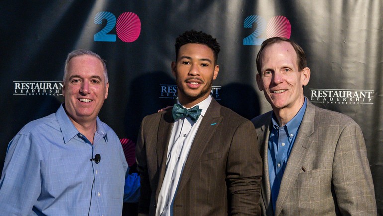 Pictured (L-R) before Joe Maye’s performance at RLC 2018 are: Winsight Media Group President of Restaurant Media and Events Chris Keating, BMI songwriter Joe Maye and BMI’s Dan Spears.