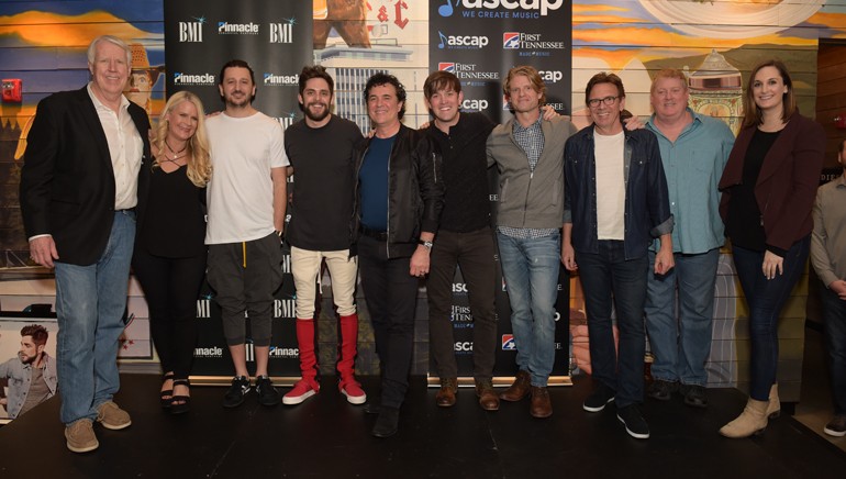 BMLG’s George Briner and Allison Jones, BMI songwriters Julian Bunetta and Thomas Rhett, BMLG’s Scott Borchetta, songwriter Dave Barnes, BMG’s Kos Weaver, Dann Huff, Mike Sistad and BMI’s MaryAnn Keen gather for a photo at Von Elrod’s in Nashville.