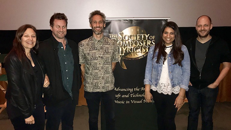 Pictured are: Simonsen’s agent Laura Engel, SCL’s Mark Smythe, BMI composer Rob Simonsen, BMI’s Reema Iqbal and film music journalist Tim Greiving.