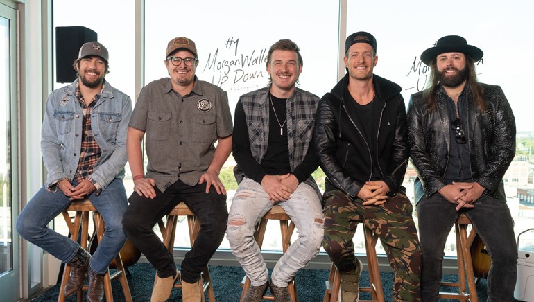 BMI songwriters Brad Clawson, Michael Hardy (HARDY), Morgan Wallen, Tyler Hubbard and ASCAP songwriter CJ Solar gather for a photo while celebrating their Number One hit “Up Down.”
