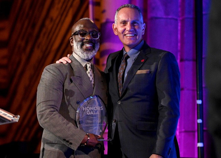 BeBe Winans presents BMI President and CEO Mike O’Neill with the T.J. Martell Foundation’s Legacy Award.