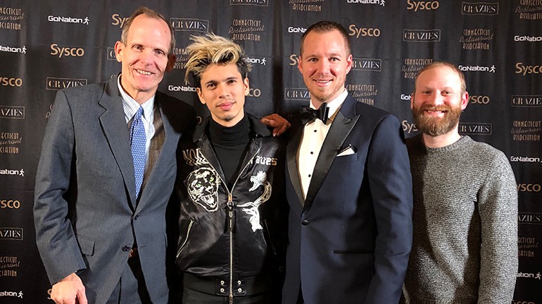 Pictured before BMI songwriter Spencer Ludwig takes the stage at the Connecticut Restaurant Association’s awards after-party are: BMI’s Dan Spears, BMI songwriter Spencer Ludwig, Connecticut Restaurant Association Pres/CEO Scott Dolch and BMI’s Brandon Haas.