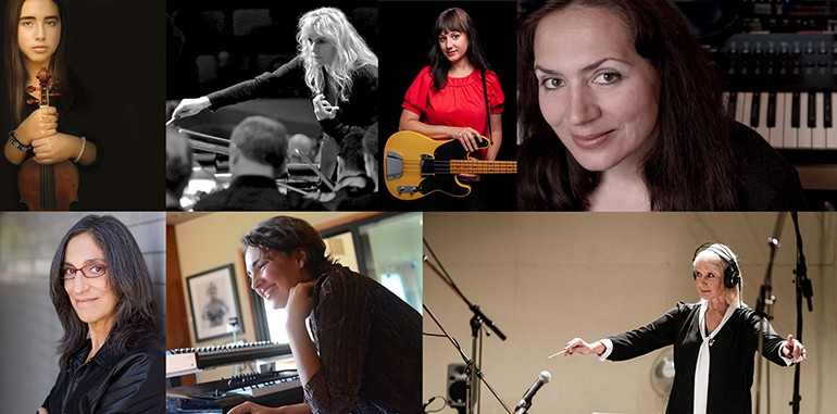 Clockwise from upper left are: Isolde Fair, Amy Andersson, Mandy Hoffman, Penka Kouneva, Lolita Ritmanis <em>(photo by Lisa Margolis)</em>, Starr Parodi and Miriam Cutler <em>(photo by Thomas Mikusz)</em>.