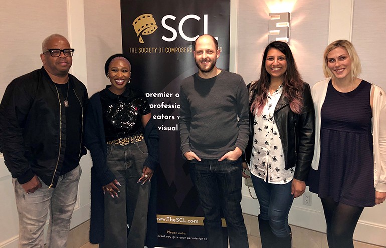 Pictured (L-R) at the SCL screening of “Harriet,” held at The London West Hollywood, are award-winning BMI composer Terence Blanchard, singer-songwriter and actress Cynthia Erivo, journalist and discussion moderator Tim Greiving, BMI’s Reema Iqbal, and SCL’s Marie Kingsley.