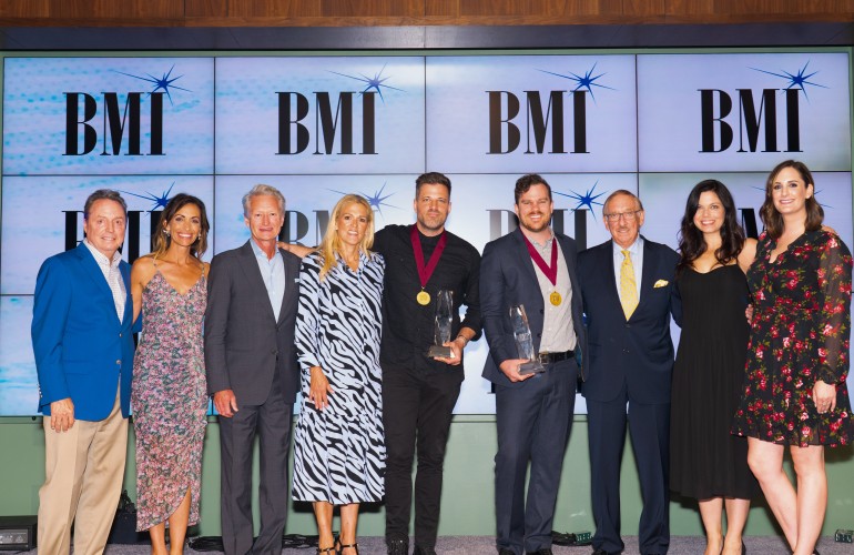 (L-R): BMI's Jody Williams, Be Essential Songs' Holly Zabka and Terry Hemmings, BMI's Leslie Roberts, 2019 Song of the Year songwriter Ran Jackson, 2019 Songwriter of the Year Ethan Hulse, 2019 BMI Compass Award honoree Elwyn Raymer, Be Essential Songs' Jamie Rodgers and BMI's MaryAnn Keen