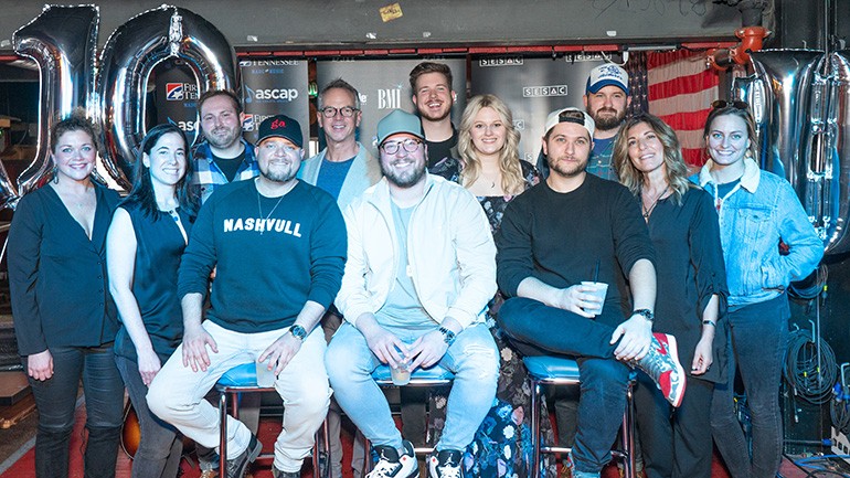 Pictured L-R (standing) are: Play It Again’s Juli Netwon, Griffith Dane Schmidt, SESAC’s Kelli Turner, Sony ATV's Dane Schmidt, Sony Music Nashville's Steve Hodges, BMI’s Josh Tomlinson, ASCAP’s Beth Brinker, BMG's Jake Gear, Tree Vibez's Leslie DiPiero and Warner Chappell’s Jessi Vaughn. L-R (seated): SESAC writer Justin Wilson, BMI songwriter and Columbia Nashville recording artist Mitchell Tenpenny, and ASCAP writer Jordan Schmidt.