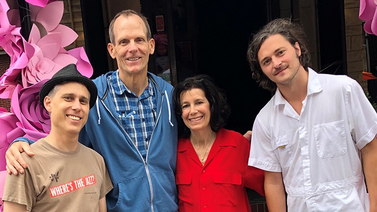 Pictured (L-R) before Harpooner takes the stage at the Little Italy Madonnari Festival in Baltimore are: Baltimore Jazz Alliance Board President Ian Rashkin, BMI’s Dan Spears, Germano’s Piattini co-owner and Festival Executive Producer Cyd Wolf and Harpooner lead singer Scott Schmadeke.