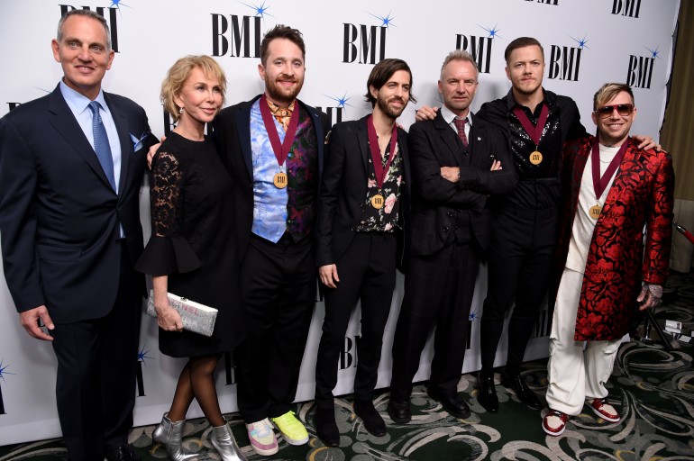 (L-R) BMI President & CEO Mike O'Neill, Trudie Styler, Daniel Platzman, Daniel Wayne Sermon, Sting, Dan Reynolds and Ben McKee attend the 67th Annual BMI Pop Awards on May 14, 2019 in Beverly Hills, California.