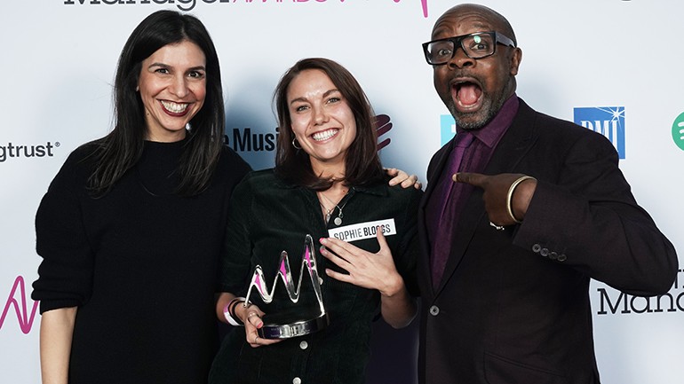 Pictured (L-R) at the event are BMI VP Europe Shirin Foroutan, Breakthrough Manager Award recipient Sophie Bloggs, and MMF Vice Chair and founder of Ferocious Talent, Kwame Kwaten.