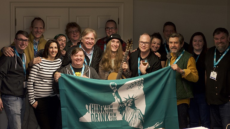 Prior to his concert, Sawyer Fredericks posed with staff and members of the board of the New York State Craft Brewers Association. Pictured (L-R) are: Roc Brewing co-founder and CEO Chris Spinelli, BMI’s Dan Spears, NYSBA Head of Partnerships Meghan Connolly Haupt, Community Beer Works co-founder and President Ethan Cox, Hopshire Farm Brewery owner and brewer Randy Lacey, Binghamton Brewing founder and owner Kristen Lyons, FX Matt Brewery President and COO Fred Matt, Brewery at the CIA’s Hutch Kugeman, BMI Songwriter Sawyer Fredericks, NYSBA Executive Director Paul Leone, NYSBA Membership & Events Manager Jen Meyers, Greenport Harbor Brewing co-founder and owner Rich Vandenburgh, Brooklyn Beer co-founder and owner Steve Hindy, Rushing Duck co-founder and owner Nikki Cavanaugh and Lake Placid Pub % Brewery/Big Slide Brewing owner Chris Ericson.