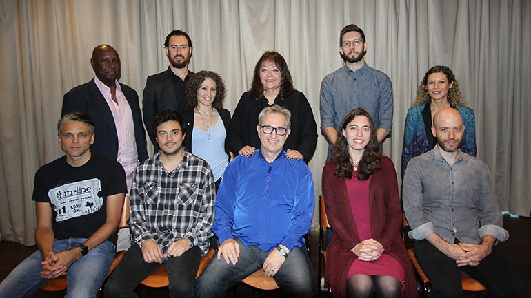 Gathered for a photo are participants of the Composing for the Screen Workshop with their mentors, Rick Baitz and BMI’s Doreen Ringer-Ross. (Standing L-R): Mark Taylor, Brian Shankar Adler, Kallie Marie, BMI’s Doreen Ringer-Ross, Fraser Campbell, Gizem Gokoglu. (Seated L-R): Boris Skalsky, Gabriel Torrado, workshop leader Rick Baitz, Abigail Shelton, Luke Schwartz.