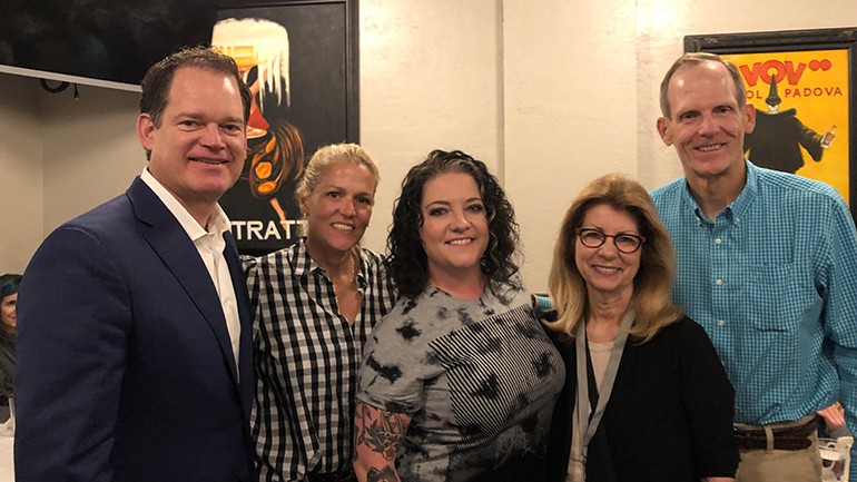 Pictured (L-R) after BMI songwriter Ashley McBryde’s performance at the Rising Through the Ranks annual dinner are: iHeartMedia President of Integrated Revenue Strategy Hartley Adkins, BMI’s Leslie Roberts, Ashley McBryde, RAB President and CEO Erica Farber and BMI’s Dan Spears.