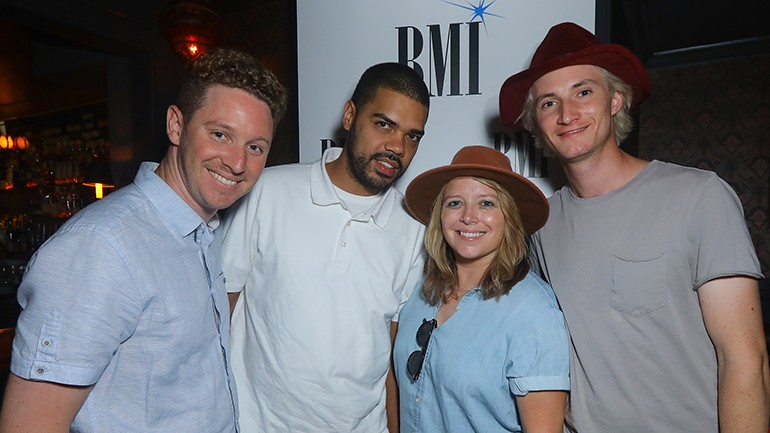 (L-R) BMI’s David Streit and HD Radio’s Deston Bennett, Christy Willingham and Buchanan Westover, at BMI’s “Show & Tell” at The Den on Sunset in West Hollywood.
