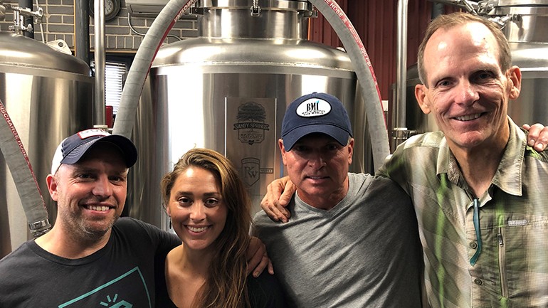 Pictured (L-R) before GRAMMY-winning BMI songwriter Tim James took the stage at the Sandy Springs Brewing Company in Minerva, OH are: SSBC co-owners Andy and Amanda Conrad, BMI songwriter Tim James and BMI’s Dan Spears.
