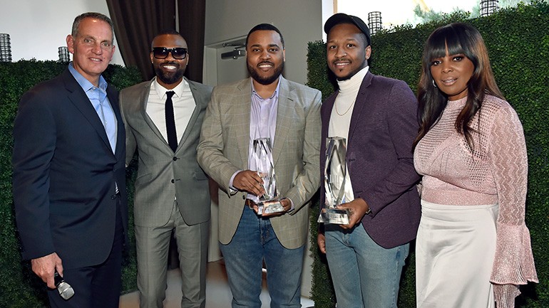 BMI President & CEO Mike O’Neill, Assistant Vice President, Creative, LA, Wardell Malloy and Song of the Year winners Phil Thornton and Norman Gymafi pose with BMI Vice President, Creative, Atlanta, Catherine Brewton at the 2019 BMI Trailblazers of Gospel Music luncheon at La Cave in Las Vegas, Nevada.  Thornton and Gymafi accepted the Song of the Year award on behalf of Travis Greene.