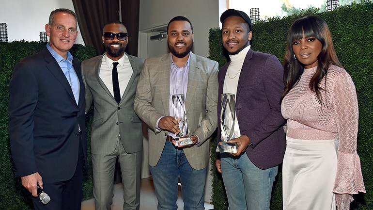 BMI President & CEO Mike O’Neill, Assistant Vice President, Creative, LA, Wardell Malloy and Song of the Year winners Phil Thornton and Norman Gymafi pose with BMI Vice President, Creative, Atlanta, Catherine Brewton at the 2019 BMI Trailblazers of Gospel Music luncheon at La Cave in Las Vegas, Nevada. Thornton and Gymafi accepted the Song of the Year award on behalf of Travis Greene.