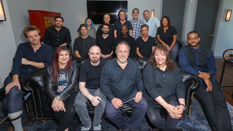 Pictured (L-R) during BMI’s 22nd annual Conducting Workshop are (front row): BMI composer Sage Lewis, BMI’s Anne Cecere and Philip Shrut, lead conductor Lucas Richman, BMI’s Doreen Ringer-Ross and BMI composer Kris Bowers. (Middle row): BMI composers Kevin Smithers, Adam Schoenberg, Ryan Elder, Jongnic Bontemps, Jason Nesmith and Dara Taylor. (Back row): BMI’s Rose Oliver, David Low, Bandrika Studio owner Nathan Barr, music editor and engineer Chris Ledesma and concertmaster Mark Robertson at Nathan Barr’s Bandrika Studios in Tarzana, CA on August 24, 2019. 