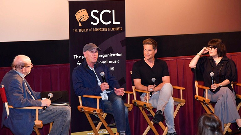 Pictured (L-R) during the SCL panel are: Moderator and film music journalist Jon Burlingame, executive producer Mark Wolper, director and star of “The Bad Seed” Rob Lowe, and award-winning BMI composer Leanna Primiani.