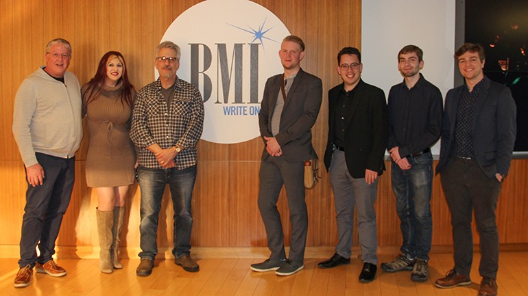 Pictured this year during BMI’s meeting with students in Los Angeles are Mark Watters, Director, Beal Institute for Film Music and Contemporary Media; BMI’s Anne Cecere; videogame composer Garry Schyman; and students at the Beal Institute for Film Music and Contemporary Media: Jacob Denny, Andrew Karaboski, Ben Magruder and Seth Wright.